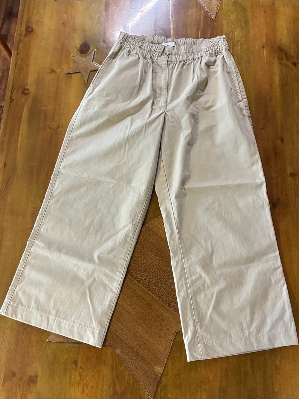 Topshop Women’s Khaki Elastic-Waist Chinos wide leg pants size 6